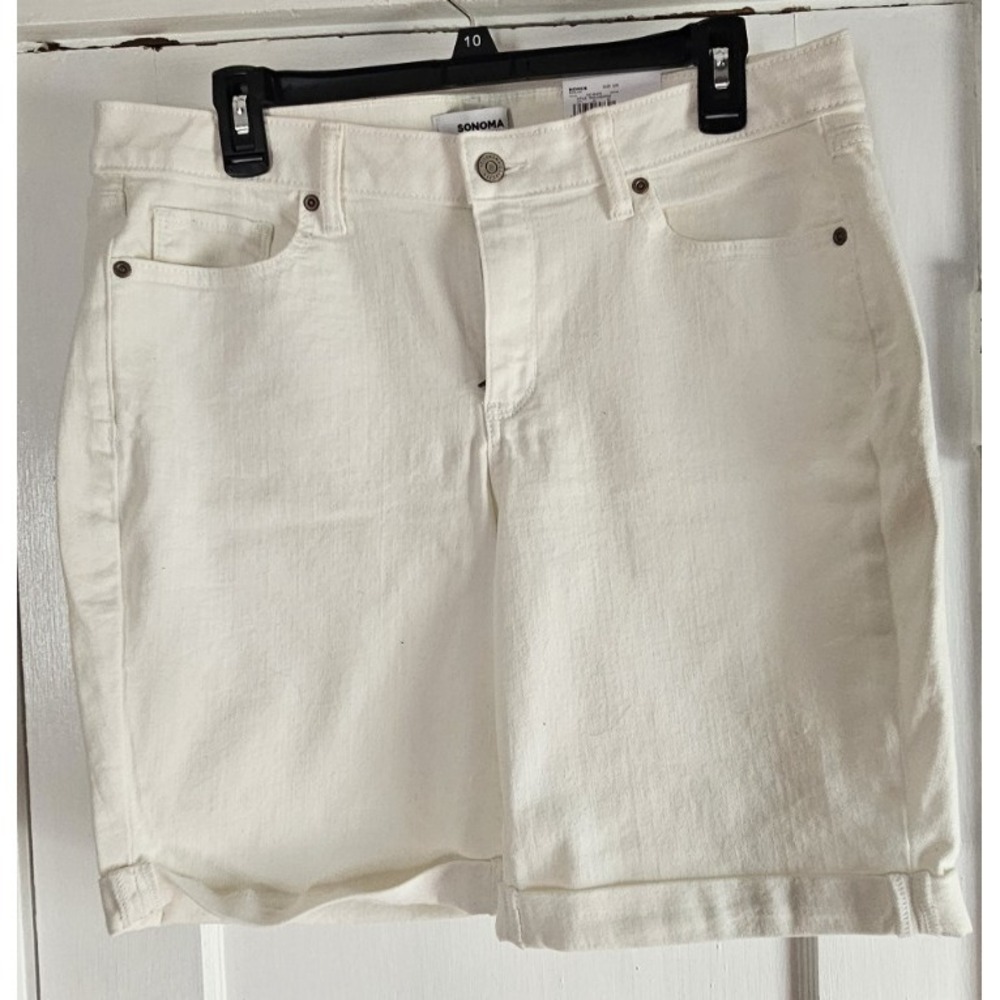 NWT SONOMA white denim mid rise woman 12R cuffed‎ Bermuda shorts inseam 9"